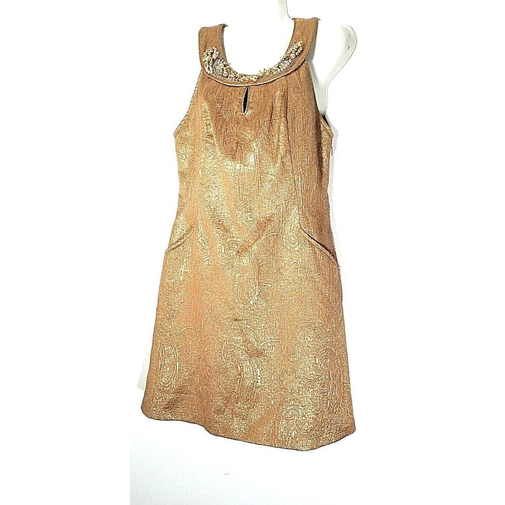Alexia Admor Gold Jacquard Shift Dress w/ Beaded Collar – Size S